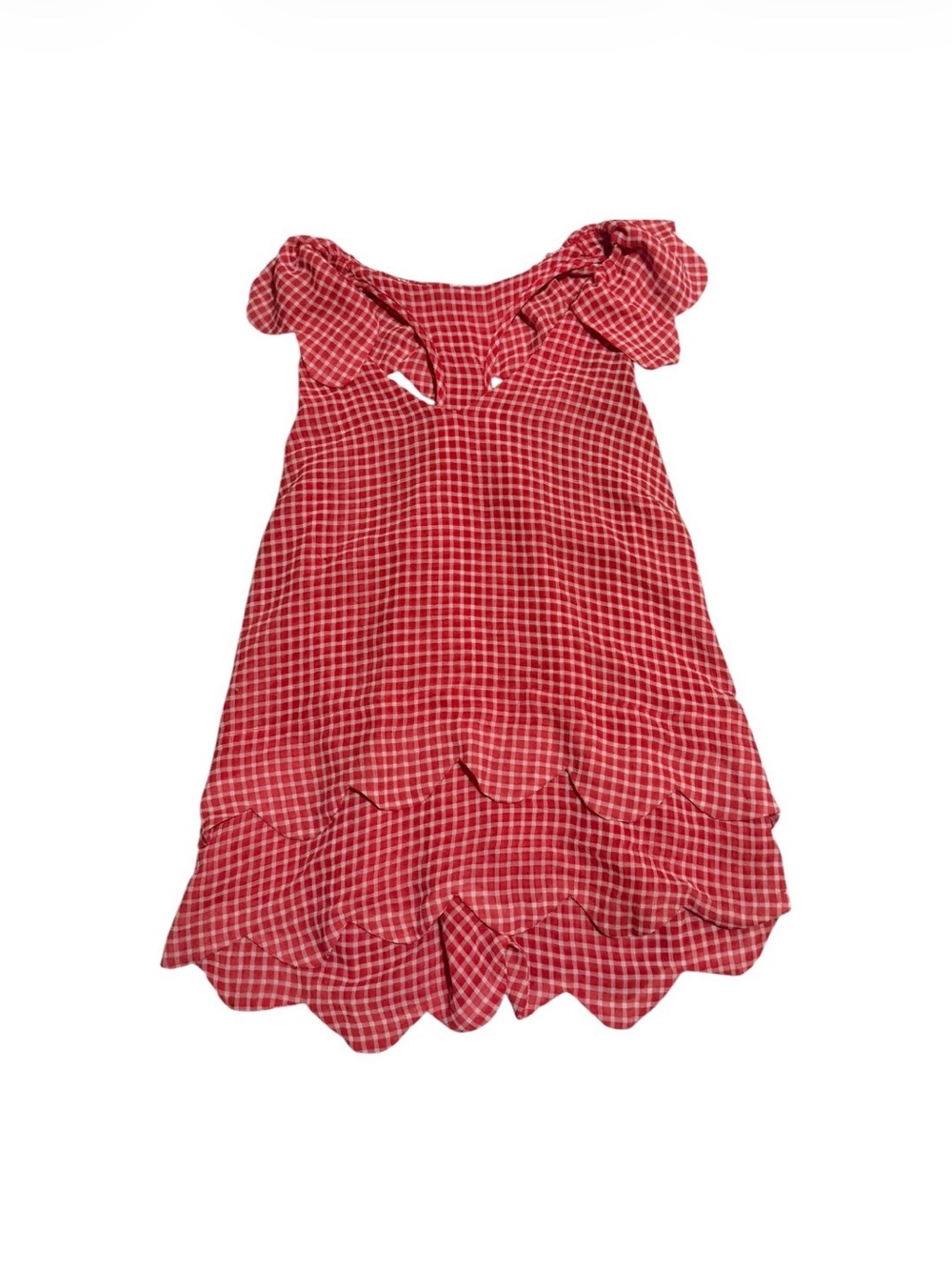Red Gingham Scallop-Trim Sleeveless Blouse with Shoulder Ruffles